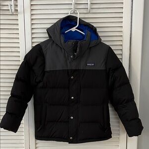 Patagonia Bivy Kids Black and Charcoal Down Puffer Jacket, M, Hoody